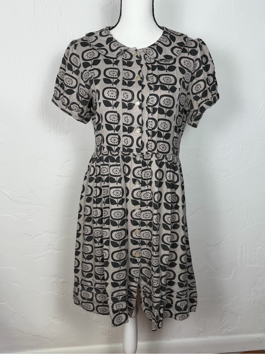 Vintage Short Sleeve Printed Mini Dress In Gray And Black - Retro Style Us Sz 8